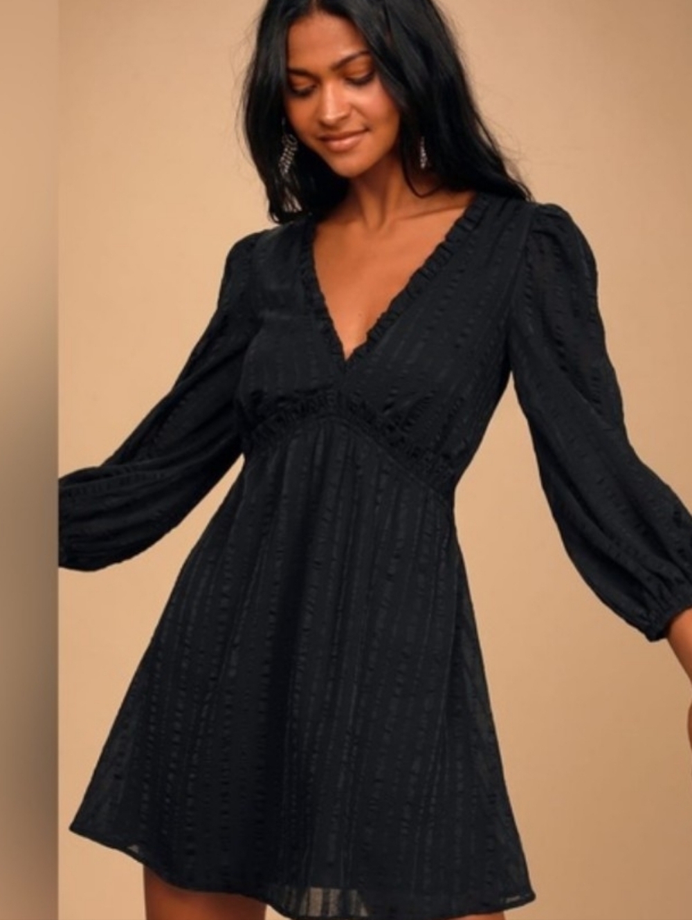 Lulu's Black V-Neck Puff Sleeve Mini Dress